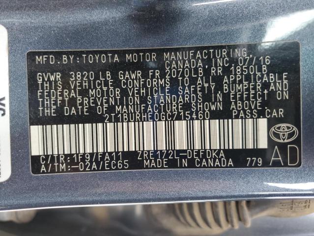 2T1BURHE0GC715460 - 2016 TOYOTA COROLLA L CHARCOAL photo 13