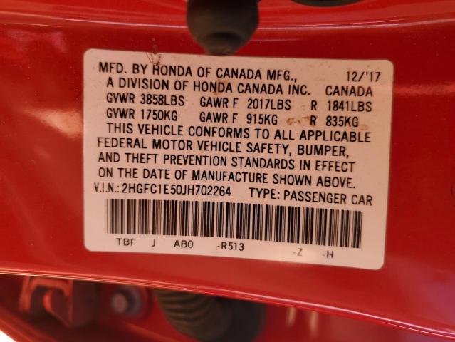 2HGFC1E50JH702264 - 2018 HONDA CIVIC SI RED photo 12