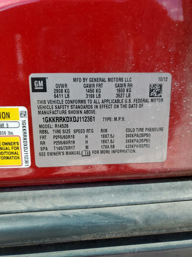 1GKKRRKDXDJ112361 - 2013 GMC ACADIA SLT-1 RED photo 13