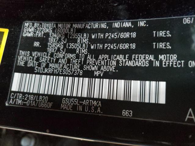 5TDJKRFH7ES057378 - 2014 TOYOTA HIGHLANDER XLE BLACK photo 14