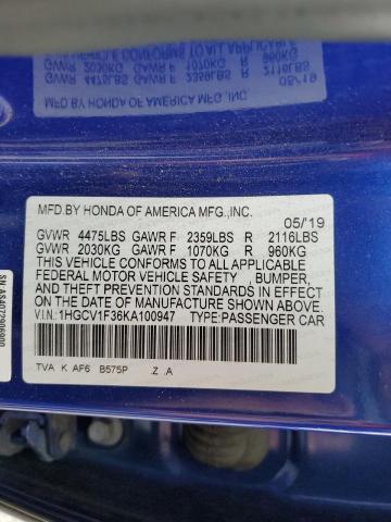 1HGCV1F36KA100947 - 2019 HONDA ACCORD SPORT أزرق صورة 12