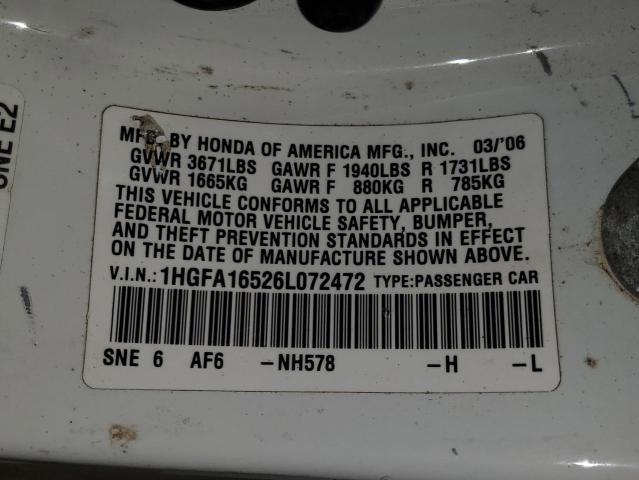 1HGFA16526L072472 - 2006 HONDA CIVIC LX Weiß Foto 12
