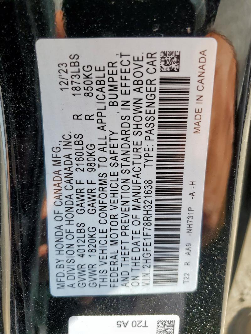 2HGFE1F78RH321638 - 2024 HONDA CIVIC EX BLACK photo 13