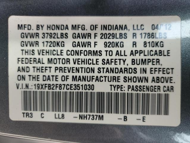 19XFB2F87CE351030 - 2012 HONDA CIVIC EX GRAY photo 12