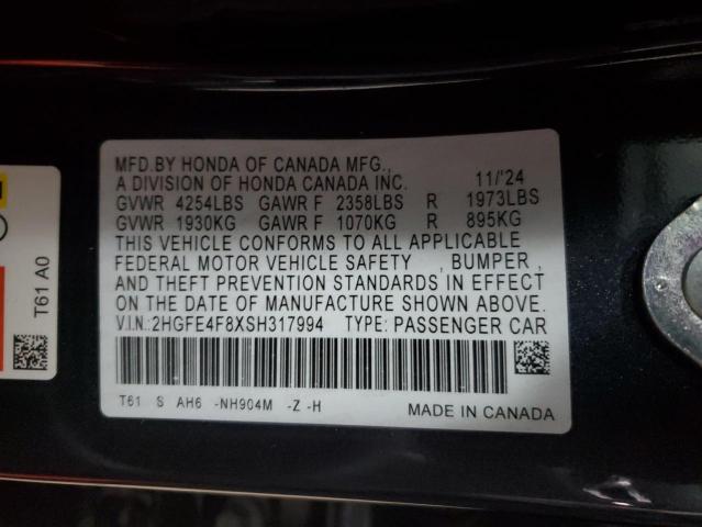 2HGFE4F8XSH317994 - 2025 HONDA CIVIC SPORT CHARCOAL photo 13