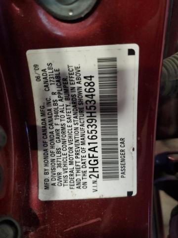 2HGFA16539H534684 - 2009 HONDA CIVIC LX MAROON photo 12