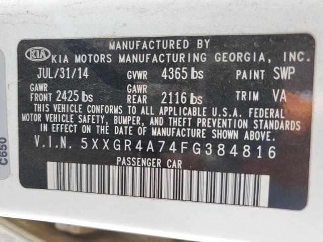 5XXGR4A74FG384816 - 2015 KIA OPTIMA SX WHITE photo 12