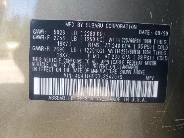 4S4BTGPD0L3247079 - 2020 SUBARU OUTBACK TOURING LDL GREEN photo 14