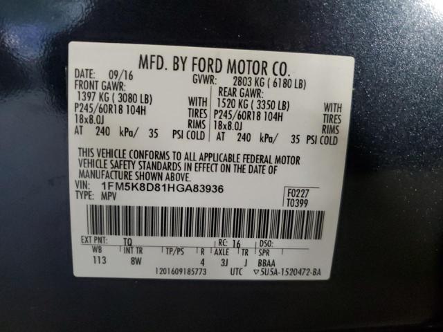 1FM5K8D81HGA83936 - 2017 FORD EXPLORER XLT Graphite photo 13