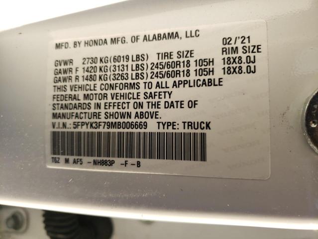 5FPYK3F79MB006669 - 2021 HONDA RIDGELINE RTL Blanc photo 12