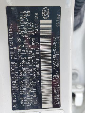 4T1B61HK3JU094710 - 2018 TOYOTA CAMRY XSE 白色 照片 12