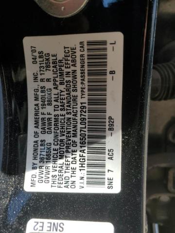 1HGFA16507L097291 - 2007 HONDA CIVIC LX BLACK photo 12