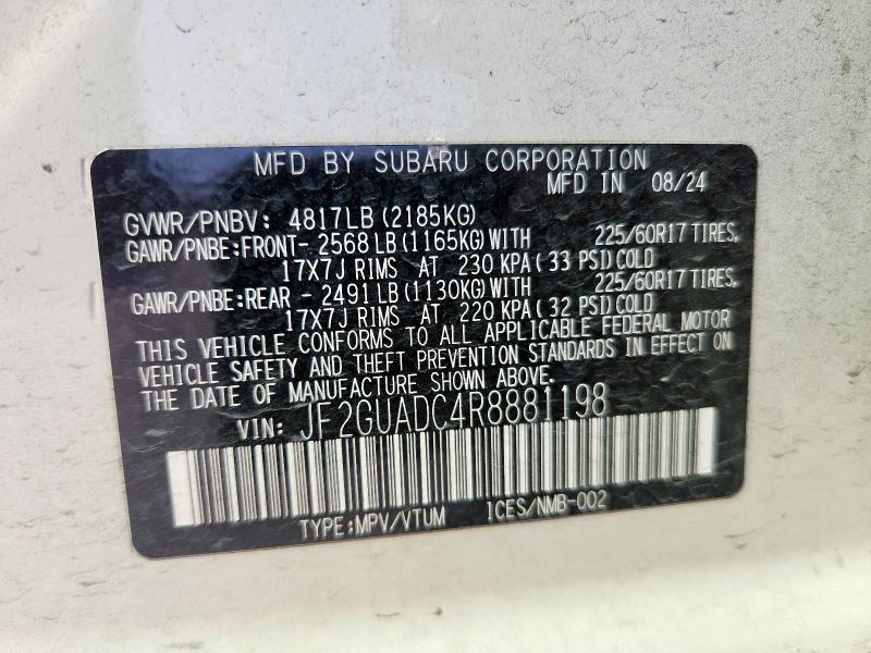 JF2GUADC4R8881198 - 2024 SUBARU CROSSTREK PREMIUM Սպիտակ լուսանկար 12