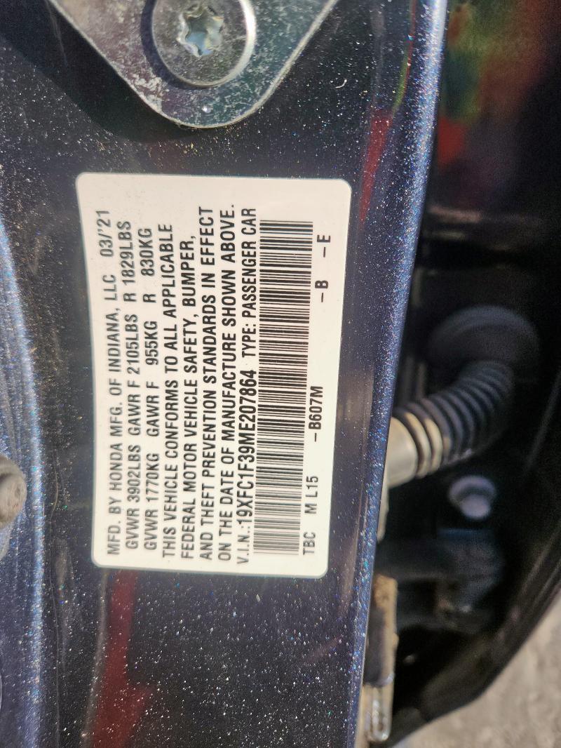 19XFC1F39ME207864 - 2021 HONDA CIVIC EX GRAY photo 12