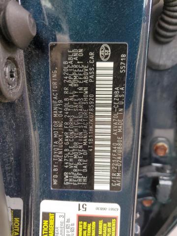 4T1B11HK7KU785920 - 2019 TOYOTA CAMRY L 绿色 照片 13