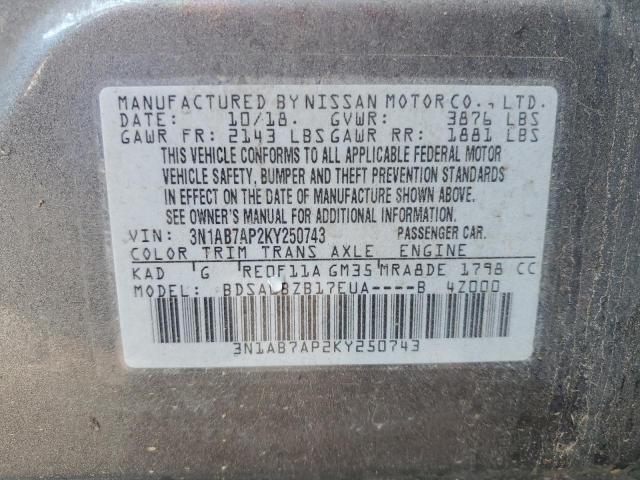 3N1AB7AP2KY250743 - 2019 NISSAN SENTRA S Сұр фото 12