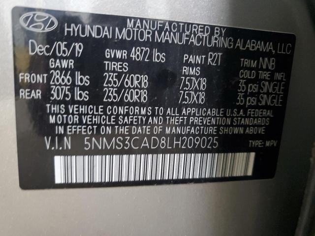 5NMS3CAD8LH209025 - 2020 HYUNDAI SANTA FE SEL ვერცხლისფერი ფოტო 14