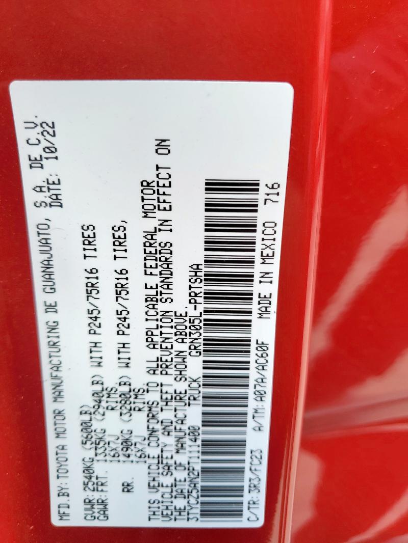 3TYCZ5AN2PT111400 - 2023 TOYOTA TACOMA DOUBLE CAB წითელი ფოტო 12