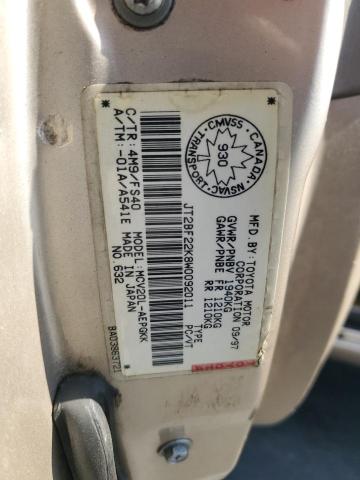 JT2BF22K8W0092011 - 1998 TOYOTA CAMRY CE GOLD photo 12
