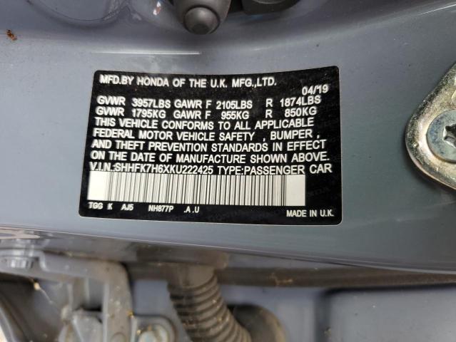 SHHFK7H6XKU222425 - 2019 HONDA CIVIC EX Bleu photo 13