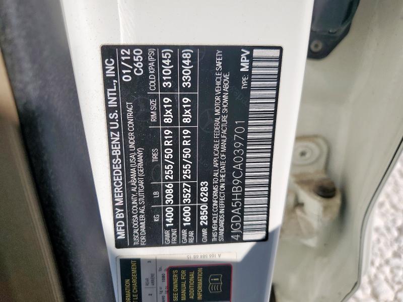 4JGDA5HB9CA039701 - 2012 MERCEDES-BENZ ML 350 4MATIC WHITE photo 13