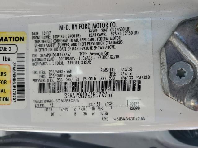 3FA6P0HD6JR178757 - 2018 FORD FUSION SE თეთრი ფოტო 12