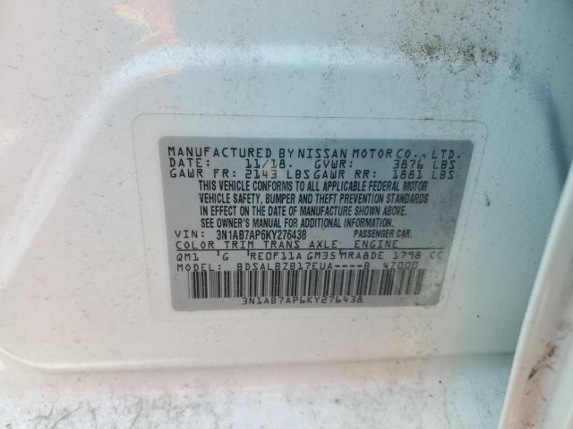 3N1AB7AP6KY276438 - 2019 NISSAN SENTRA S თეთრი ფოტო 12