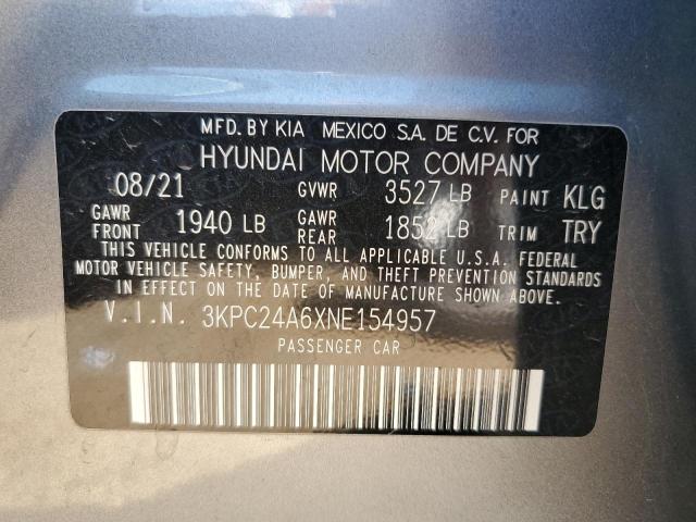 3KPC24A6XNE154957 - 2022 HYUNDAI ACCENT SE GRAY photo 12
