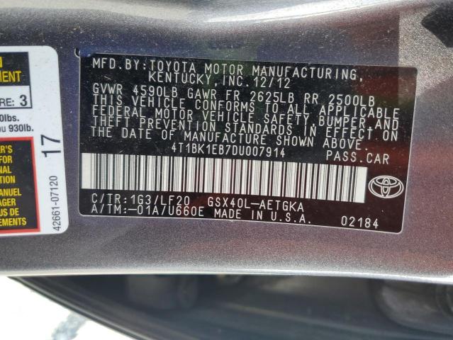 4T1BK1EB7DU007914 - 2013 TOYOTA AVALON BASE Gris foto 12
