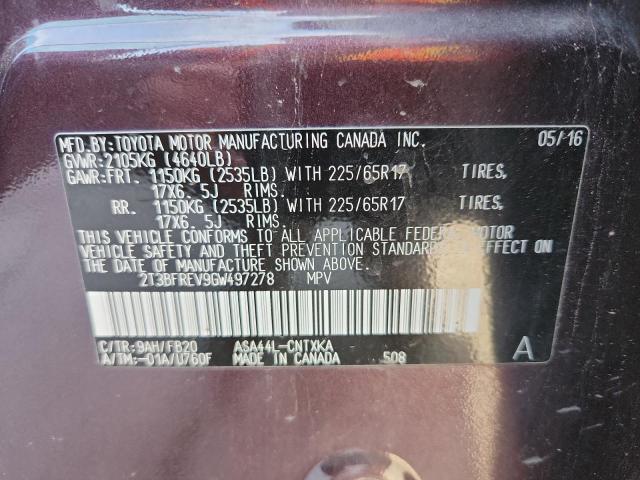 2T3BFREV9GW497278 - 2016 TOYOTA RAV4 LE BURGUNDY photo 12