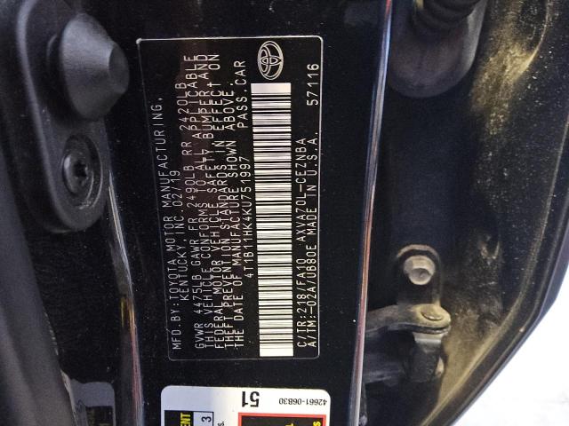 4T1B11HK4KU751997 - 2019 TOYOTA CAMRY L შავი ფოტო 12