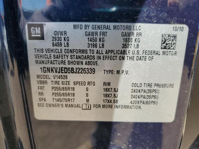1GNKVJED5BJ226339 - 2011 CHEVROLET TRAVERSE LT ლურჯი ფოტო 14