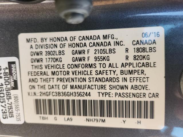 2HGFC3B36GH356244 - 2016 HONDA CIVIC EX CHARCOAL photo 12