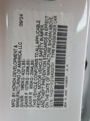 1HGCY1F21SA002701 - 2025 HONDA ACCORD LX WHITE photo 12