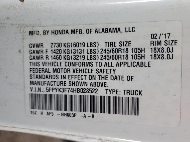 5FPYK3F74HB028522 - 2017 HONDA RIDGELINE RTL Weiß Foto 12