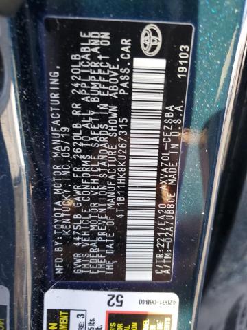 4T1B11HK8KU267315 - 2019 TOYOTA CAMRY L BLACK photo 12