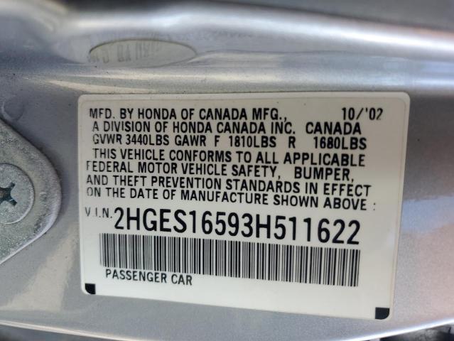 2HGES16593H511622 - 2003 HONDA CIVIC LX SILVER photo 12