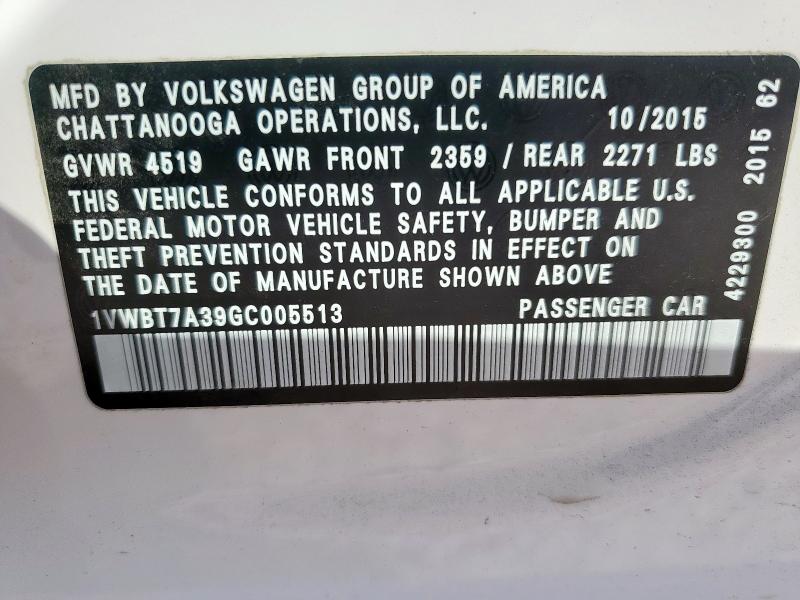 1VWBT7A39GC005513 - 2016 VOLKSWAGEN PASSAT SE 白色 照片 12