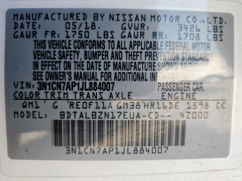 3N1CN7AP1JL884007 - 2018 NISSAN VERSA S Ağ foto 12