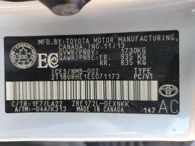 2T1BURHE1EC071173 - 2014 TOYOTA COROLLA L SILVER photo 13