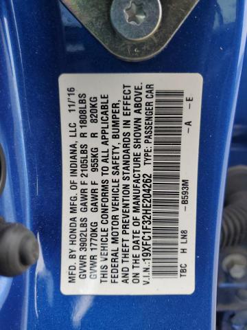 19XFC1F32HE204262 - 2017 HONDA CIVIC EX BLUE photo 13