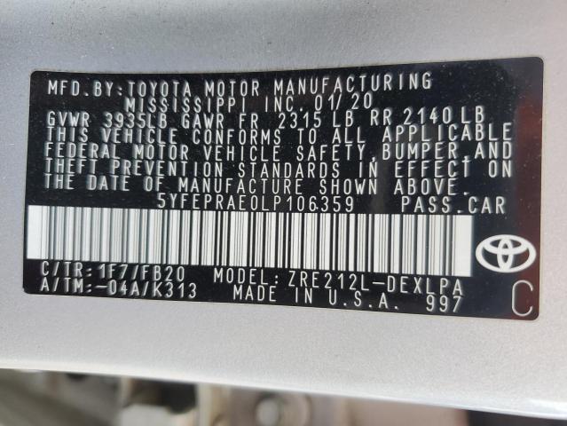 5YFEPRAE0LP106359 - 2020 TOYOTA COROLLA LE ვერცხლისფერი ფოტო 13