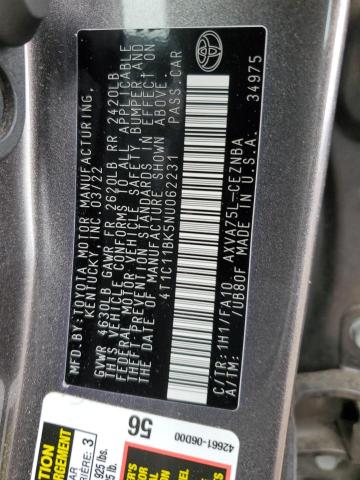 4T1C11BK5NU062231 - 2022 TOYOTA CAMRY LE GRAY photo 12