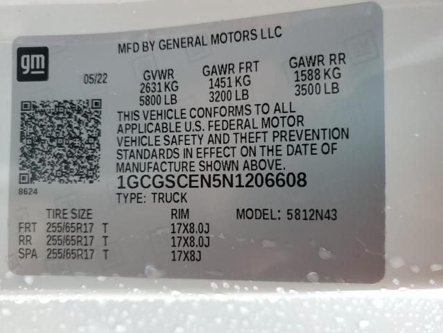 1GCGSCEN5N1206608 - 2022 CHEVROLET COLORADO LT WHITE photo 13