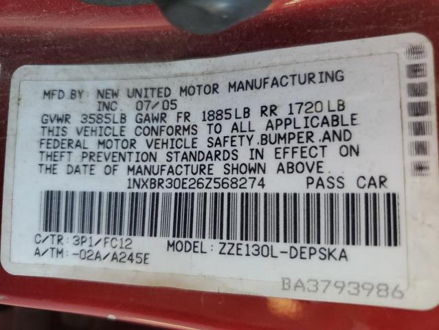 1NXBR30E26Z568274 - 2006 TOYOTA COROLLA CE 红色 照片 12