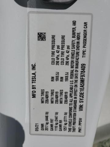 5YJ3E1EA5MF978409 - 2021 TESLA MODEL 3 თეთრი ფოტო 13