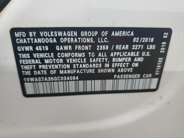 1VWAS7A35GC034084 - 2016 VOLKSWAGEN PASSAT S WHITE photo 12