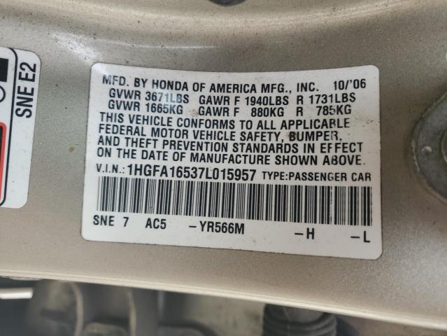 1HGFA16537L015957 - 2007 HONDA CIVIC LX GOLD photo 12