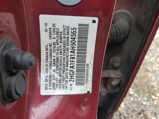 2HGFA1F81AH504565 - 2010 HONDA CIVIC EX RED photo 12