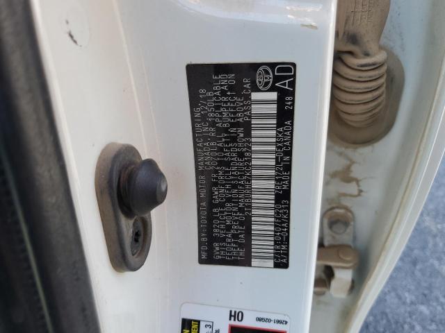 2T1BURHE7KC218723 - 2019 TOYOTA COROLLA L WHITE photo 12